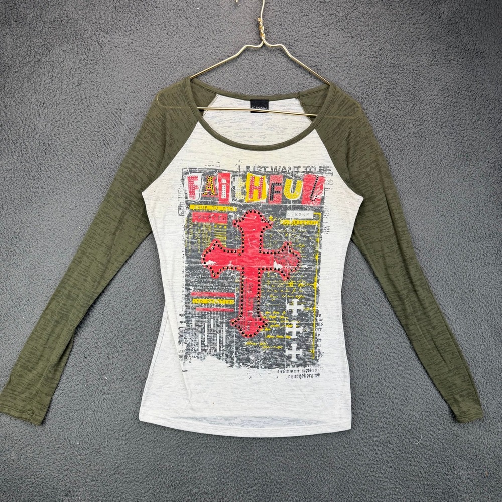 Daytrip Womens Raglan Long Sleeve Cross Graphic T-Shirt Olive Green White Small